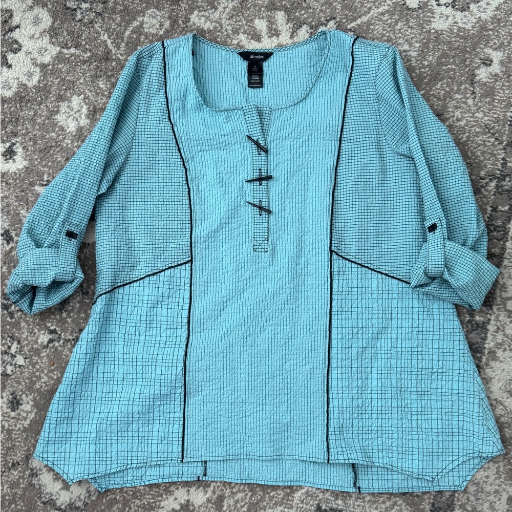 Ali Miles Size XL Blue Black Art to Wear Lagenlook Crinkle Tunic Roll Tab Sleeve